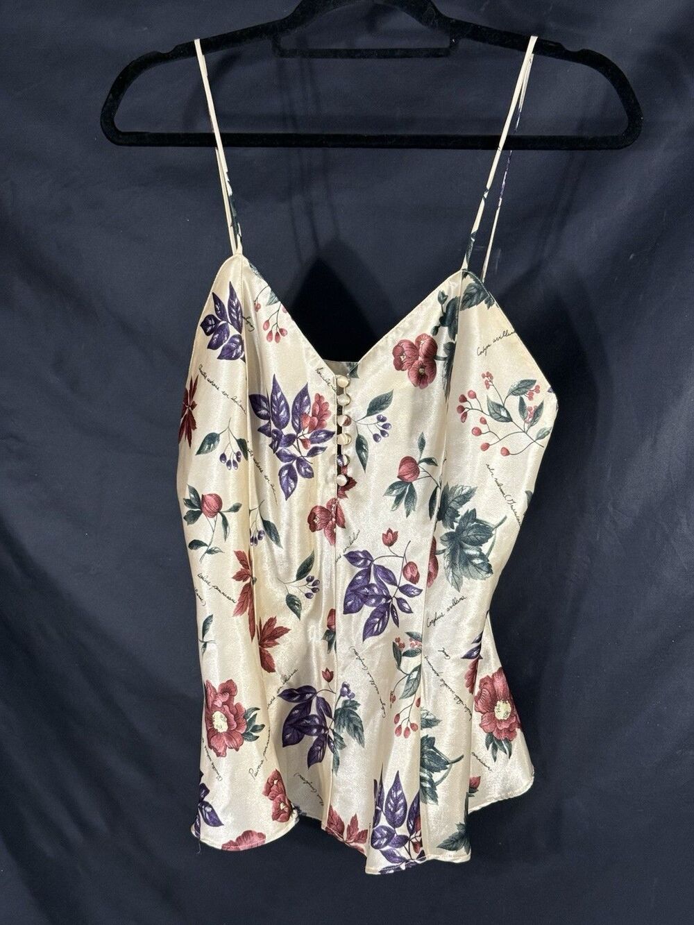 Vtg. Kathryn Spaghetti Strap Button Front Floral Purp/Red/Tan W/Flutter Hem Sz M